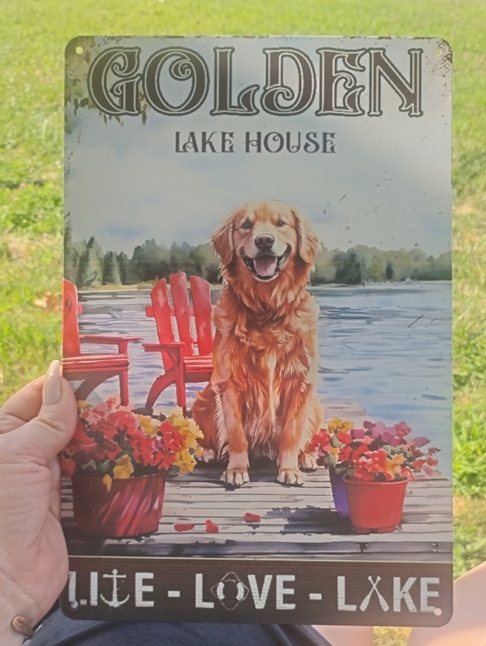 Golden Lake House Decorative Metal Sign - Golden Retriever Design